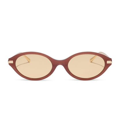 diff eyewear claudine oval sunglasses with a terracotta brown acetate frame, gold metal temples and champagne yellow tint lenses front view