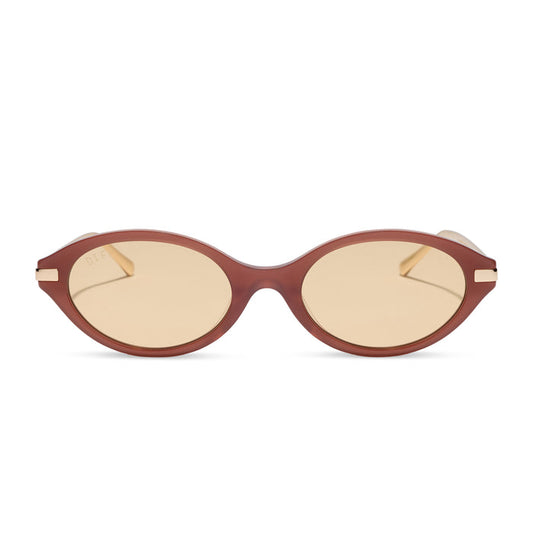 diff eyewear claudine oval sunglasses with a terracotta brown acetate frame, gold metal temples and champagne yellow tint lenses front view