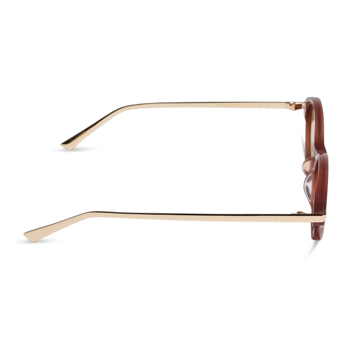 diff eyewear claudine oval sunglasses with a terracotta brown acetate frame, gold metal temples and champagne yellow tint lenses side view