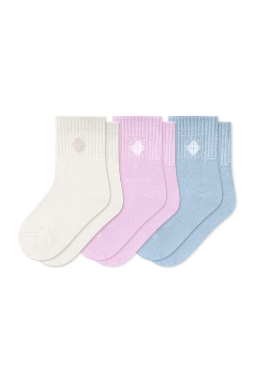 Flat lay in the Crew Socks Combo 3-Pack in Calm showing colors Breeze, Cloud and Thistle shown on a white background
