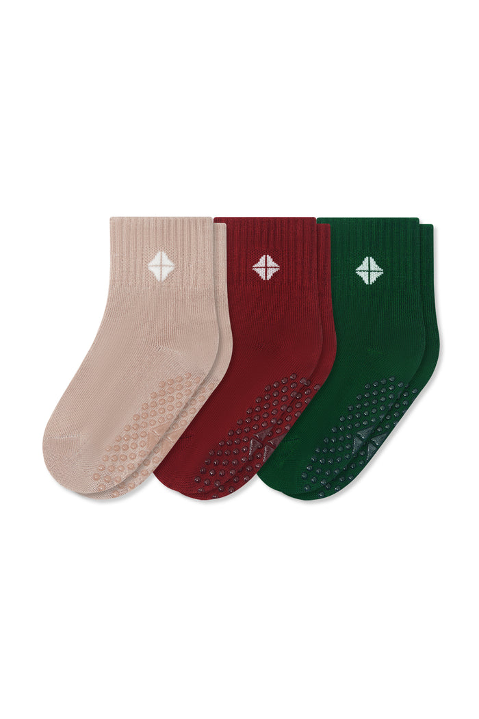 Product photo of the grip Crew Socks Combo 3-Pack in Holiday set includes: Bisque, Ruby and Forest shown on a white background