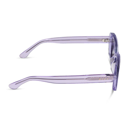 diff eyewear daphne ii low profile square sunglasses with a lilac crystal purple acetate frame and grey lenses side view
