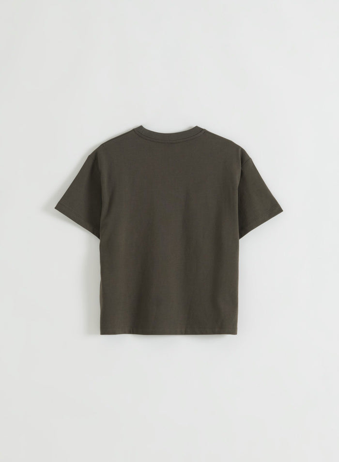 Dark Ivy short-sleeve boxy T-shirt laid flat on a white background