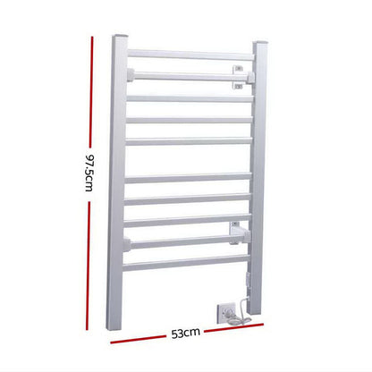 Devanti Heated Towel Rail Rack Bathroom Aluminum Electric Rails Warmer Clothes 10 Rungs Silver