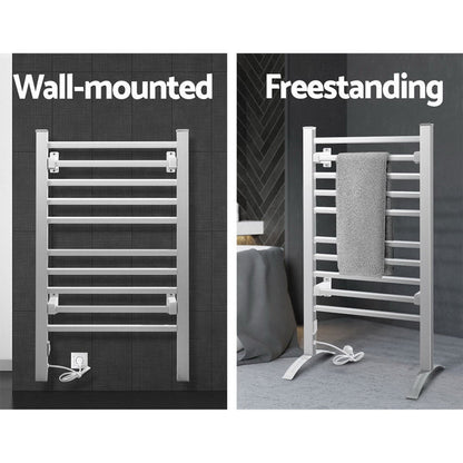Devanti Heated Towel Rail Rack Bathroom Aluminum Electric Rails Warmer Clothes 10 Rungs Silver