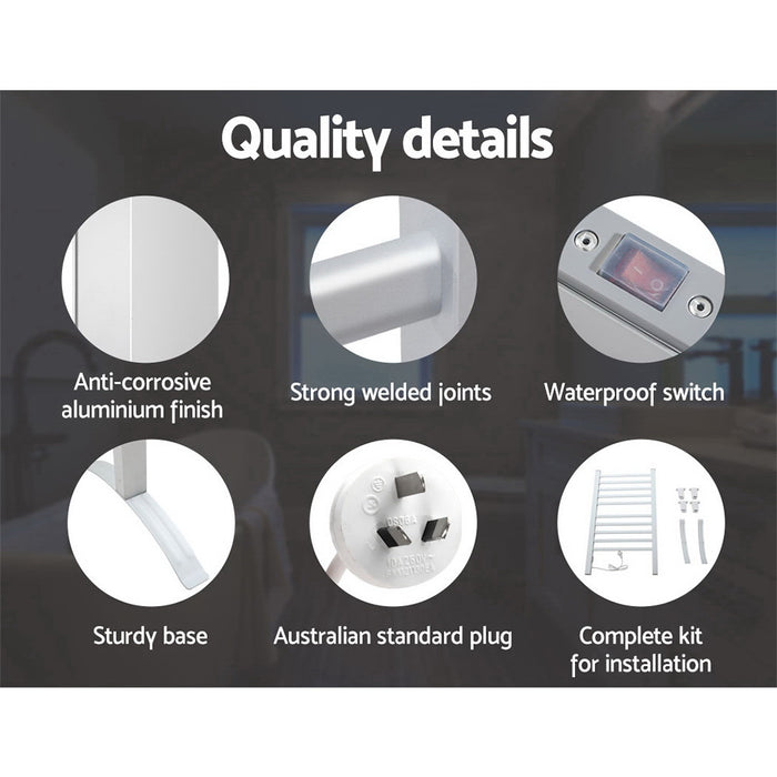 Devanti Heated Towel Rail Rack Bathroom Aluminum Electric Rails Warmer Clothes 10 Rungs Silver