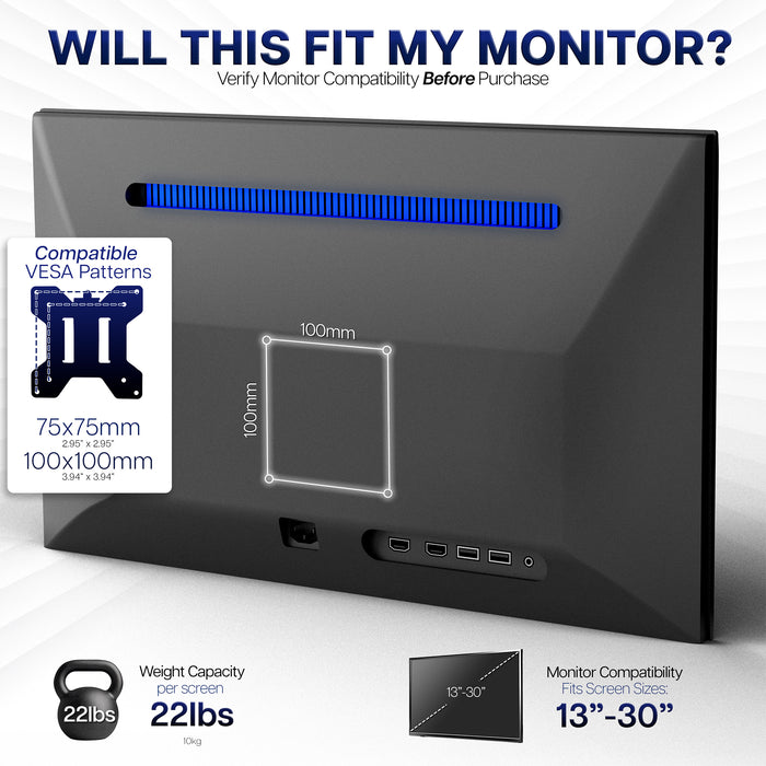 Compatibility information for VESA patterns, weight capacity, and screen size range.