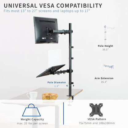Dual Monitor Extra Tall Desk Mount and Laptop Holder with Universal VESA Compatibility