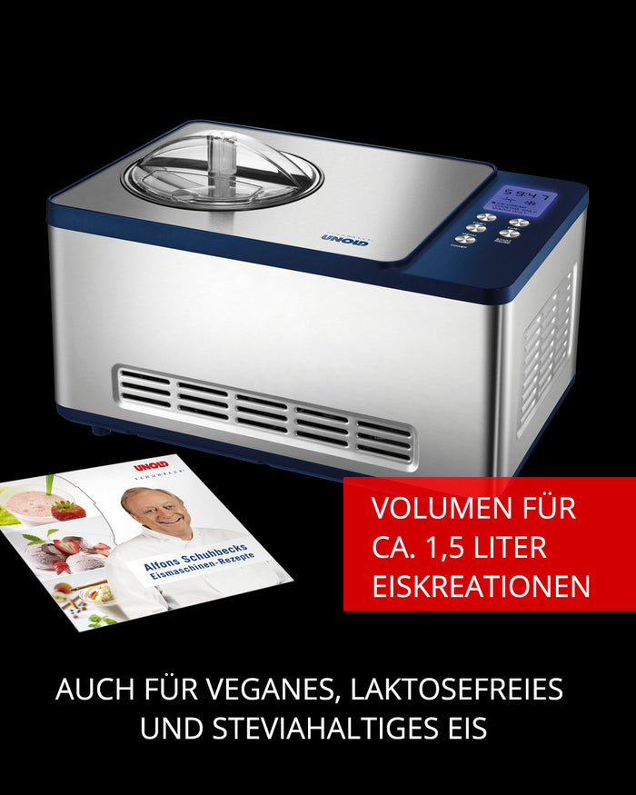 Die Unold Eismaschine Schuhbeck Exklusiv 1,5 L B-Ware Eismaschine in Silber und Blau mit transparentem Deckel wird neben einem Rezeptheft abgebildet; im Text wird auf das Fassungsvermögen von 1,5 Litern und die Eignung für vegane, laktosefreie und Stevia-Varianten hingewiesen.