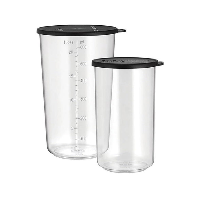 Das Unold ESGE-Zauberstab Becher 2er Set beinhaltet zwei durchsichtige Kunststoffbehälter (600 ml und 400 ml) mit schwarzem Deckel und seitlichen Messmarkierungen in Milliliter und Flüssigunzen.