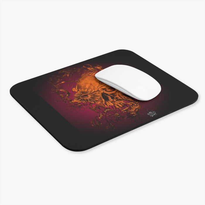 Floral Skull and Dragonfly Tattoo Art (Orange) - Black Mouse Pad