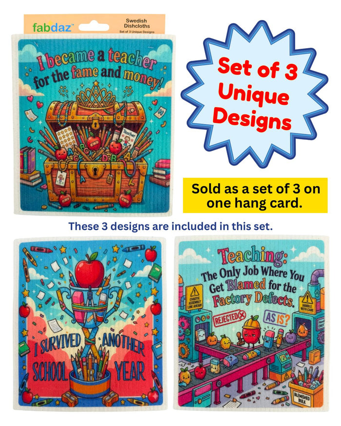 Funny Teacher Sayings - Set of 3 - Swedish Dishcloths - Wholesale