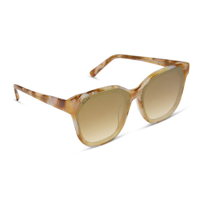 diff eyewear gia oversized square sunglasses with a gilded tortoise acetate frame and brown gradient with light gold flash lenses angled view