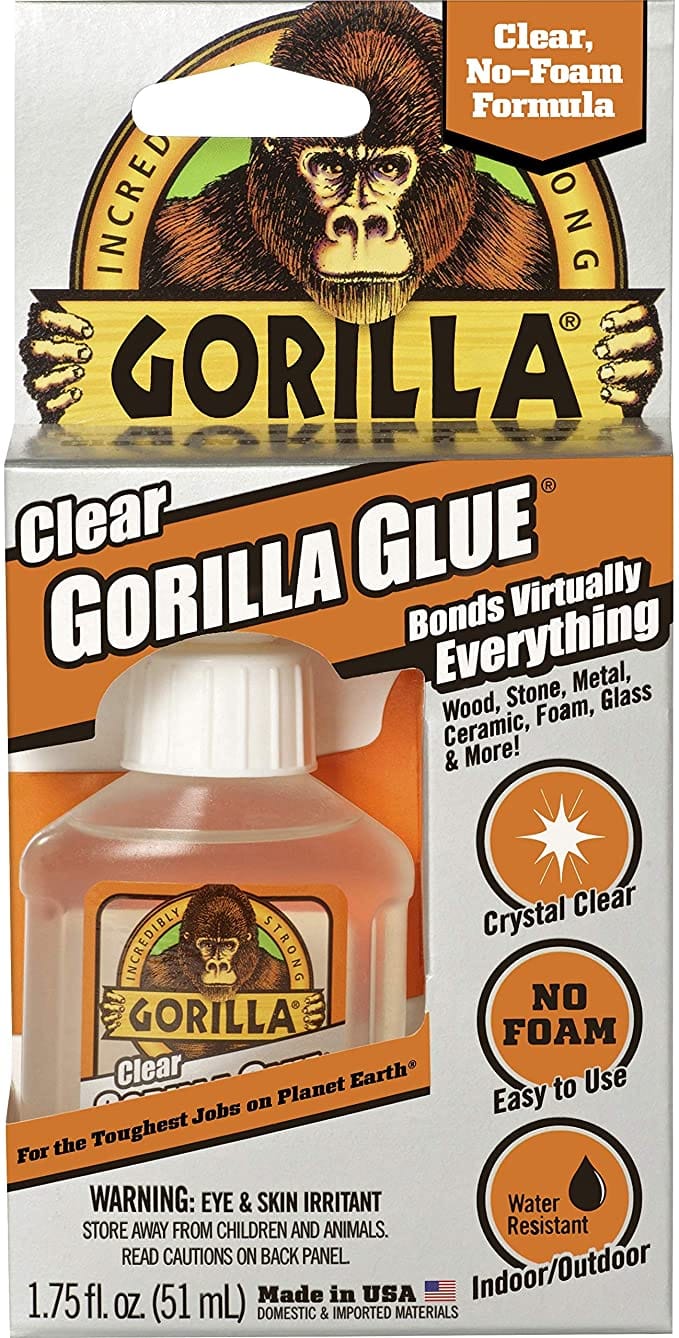 Gorilla Clear Glue, 1.75 ounce Bottle, Clear (Pack of 1) Compatible Material	Wood, Foam, Glass, Ceramic, Metal, Stone - 4500102 MEGA