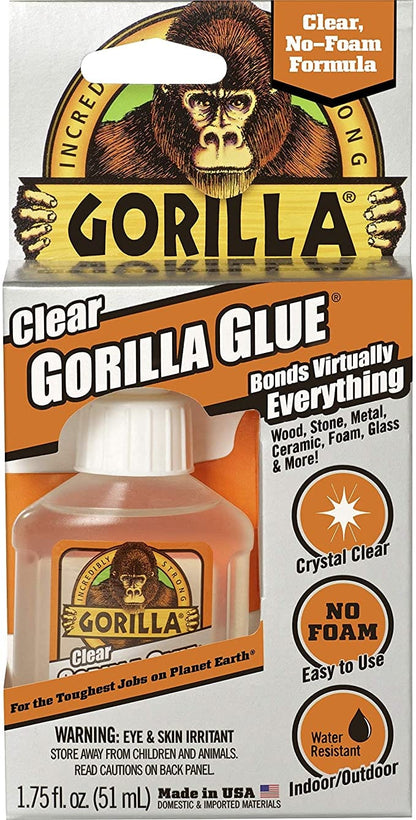 Gorilla Clear Glue, 1.75 ounce Bottle, Clear (Pack of 1) Compatible Material	Wood, Foam, Glass, Ceramic, Metal, Stone - 4500102 MEGA