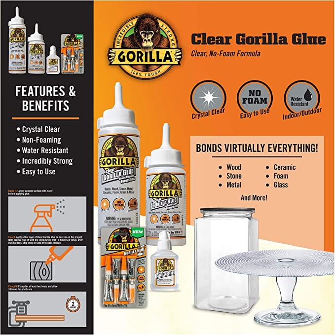 Gorilla Clear Glue, 1.75 ounce Bottle, Clear (Pack of 1) Compatible Material	Wood, Foam, Glass, Ceramic, Metal, Stone - 4500102 MEGA