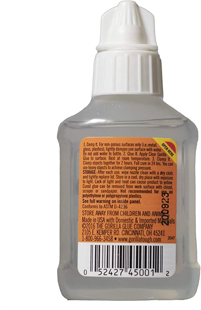 Gorilla Clear Glue, 1.75 ounce Bottle, Clear (Pack of 1) Compatible Material	Wood, Foam, Glass, Ceramic, Metal, Stone - 4500102 MEGA