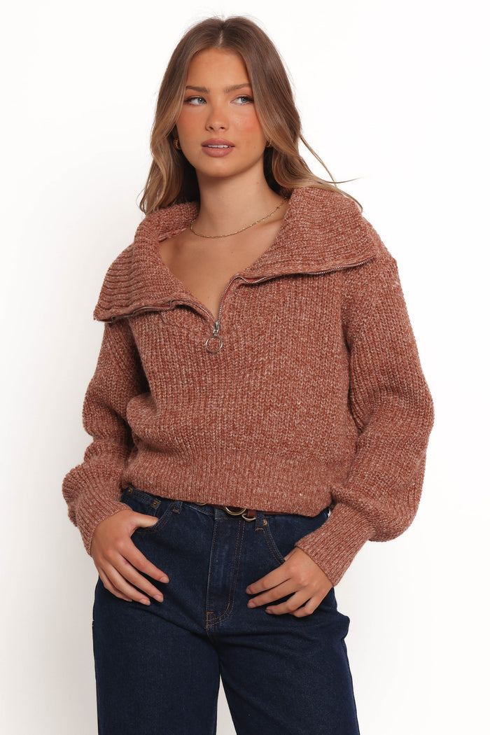 KNITWEAR Hallow Collar Quarter Zip Sweater - Brown