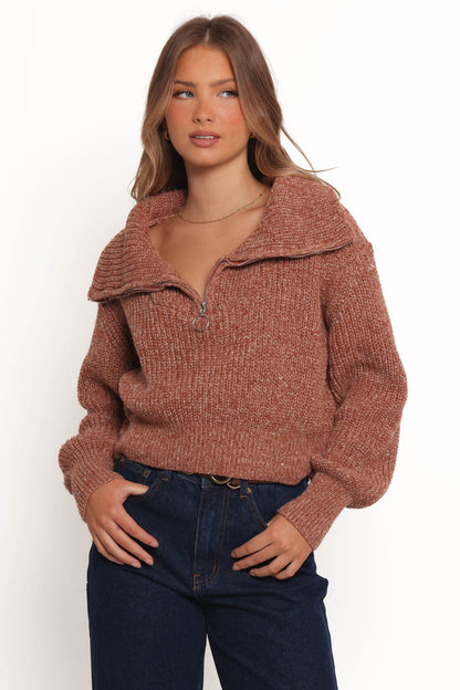 KNITWEAR Hallow Collar Quarter Zip Sweater - Brown