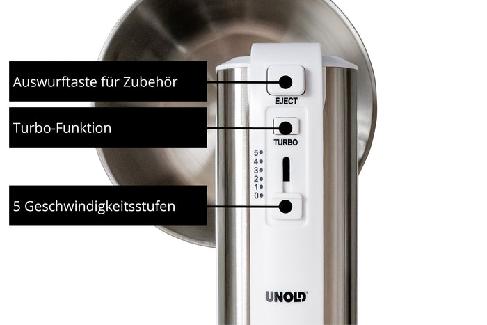 Nahaufnahme des Unold Handmixers Hannah mit Rührschüssel in Silber. Hervorzuheben sind die Zubehör-Auswurftaste, die Turbofunktion und die fünf Geschwindigkeitsstufen. Die Rührschüssel ist im Hintergrund teilweise sichtbar.