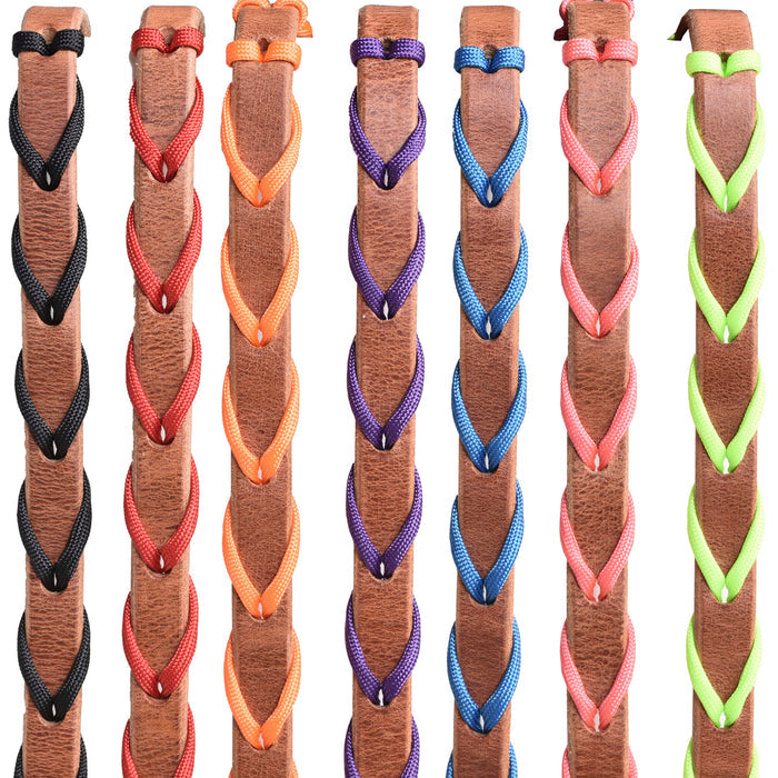 Set of horse reins for horses with colorful braided cord weaved through them in multiple colors and styles, showcased on a white background.
