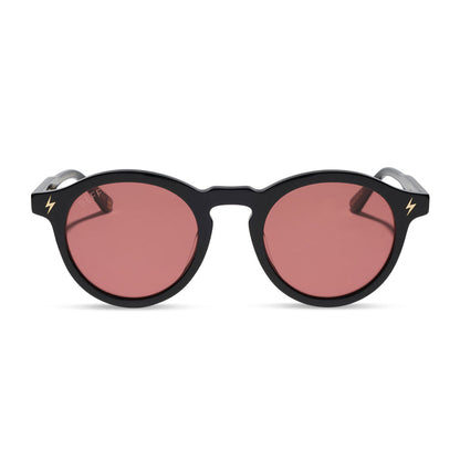 diff eyewear x harry potter birthday round sunglasses with a black acetate frame and dusk pink lenses front view