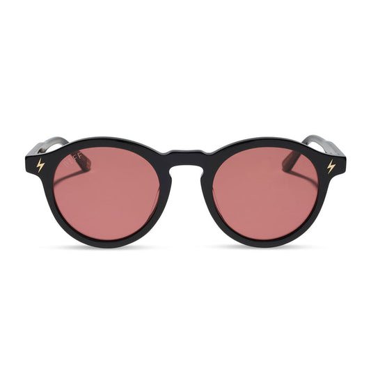 diff eyewear x harry potter birthday round sunglasses with a black acetate frame and dusk pink lenses front view