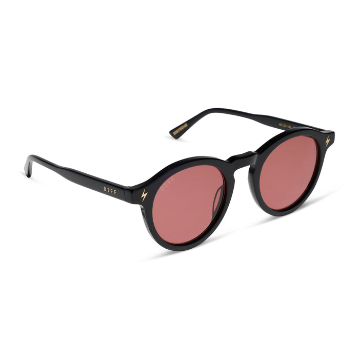 diff eyewear x harry potter birthday round sunglasses with a black acetate frame and dusk pink lenses angled view