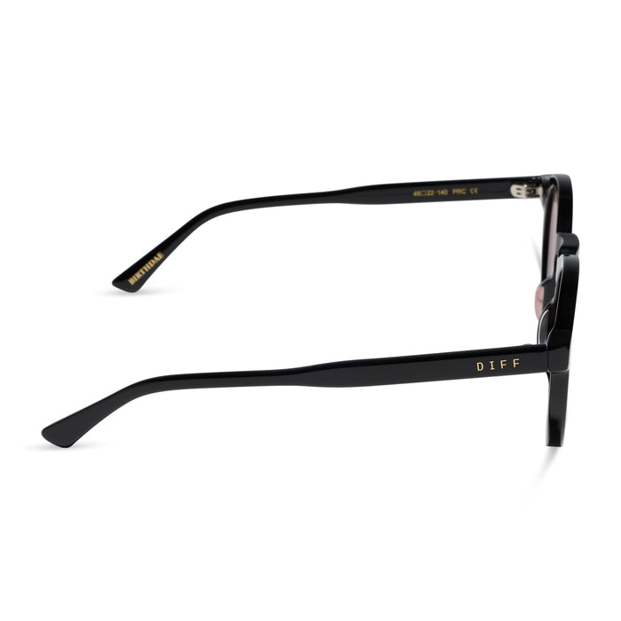 diff eyewear x harry potter birthday round sunglasses with a black acetate frame and dusk pink lenses side view