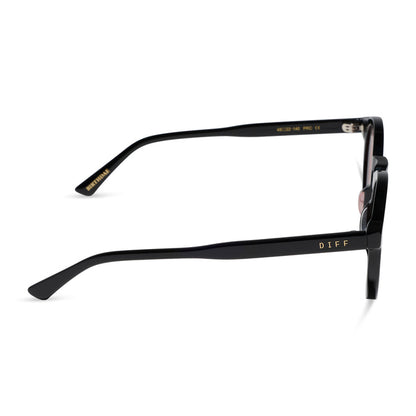 diff eyewear x harry potter birthday round sunglasses with a black acetate frame and dusk pink lenses side view