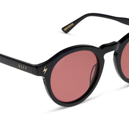 diff eyewear x harry potter birthday round sunglasses with a black acetate frame and dusk pink lenses detailed view