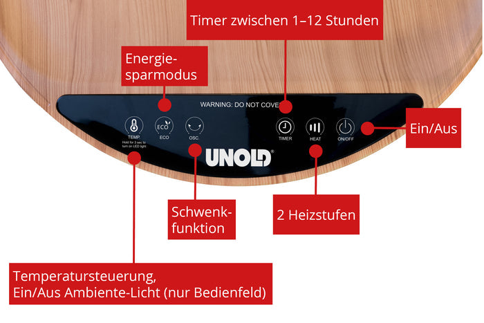 Der Unold Heizlüftertisch Henry verfügt über ein Touch-Bedienfeld mit rot beschrifteten Tasten für Timer, Eco-Modus, Oszillation, Energiesparmodus, zwei Heizstufen, Leistung und Temperatur-/Umgebungslichtsteuerung.