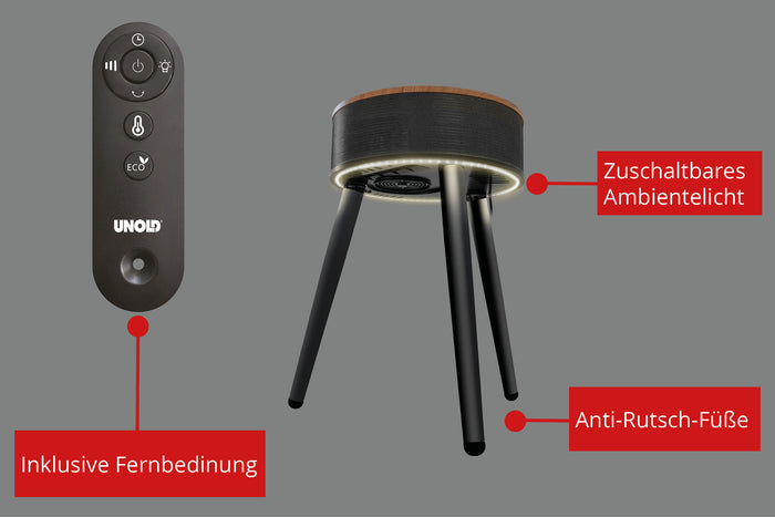 Der Unold Heizlüftertisch Henry ist ein rundes Elektrogerät auf Dreibeinen mit Fernbedienung. Deutsch beschriftet, werden Ambientelicht, Anti-Rutsch-Füße und die Fernbedienung hervorgehoben.