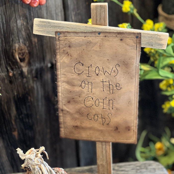 Hanging Primitive Fabric On Wood Stand - Crows On The Corn Cobs