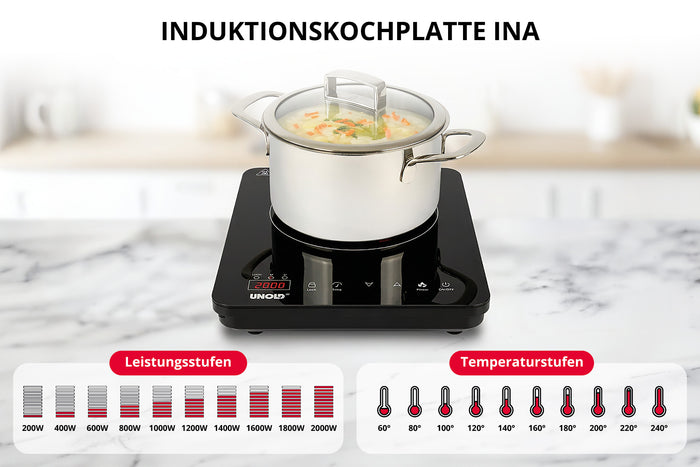 Auf der eleganten schwarzen Oberfläche einer Unold-Induktionskochplatte „Ina“ steht ein Topf mit Essen. Darunter sind zwei Tabellen abgebildet: Die eine zeigt 10 Leistungsstufen von 200 W bis 2000 W, die andere 10 Temperaturstufen von 60 °C bis 240 °C.