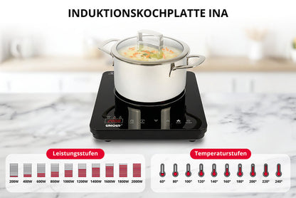 Auf der eleganten schwarzen Oberfläche einer Unold-Induktionskochplatte „Ina“ steht ein Topf mit Essen. Darunter sind zwei Tabellen abgebildet: Die eine zeigt 10 Leistungsstufen von 200 W bis 2000 W, die andere 10 Temperaturstufen von 60 °C bis 240 °C.