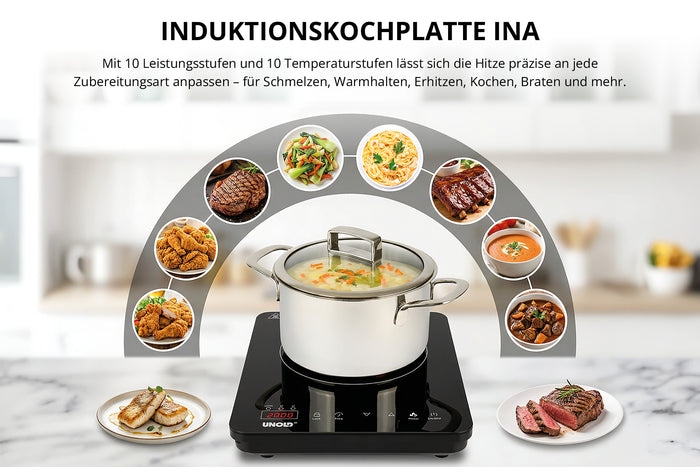 Auf der eleganten Oberfläche der Unold-Induktionskochplatte „Ina“ kocht ein Topf Suppe. Um sie herum unterstreichen Bilder verschiedener zubereiteter Gerichte ihre Vielseitigkeit. Ein deutscher Text beschreibt die Funktionen der Kochplatte und die vielfältigen Zubereitungsmöglichkeiten.
