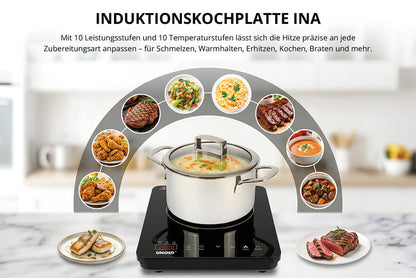 Auf der eleganten Oberfläche der Unold-Induktionskochplatte „Ina“ kocht ein Topf Suppe. Um sie herum unterstreichen Bilder verschiedener zubereiteter Gerichte ihre Vielseitigkeit. Ein deutscher Text beschreibt die Funktionen der Kochplatte und die vielfältigen Zubereitungsmöglichkeiten.