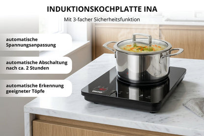 Auf der Unold Induktionskochplatte „Ina“, einer schwarzen Induktionskochplatte in einer hellen Küche, steht ein Edelstahltopf mit Suppe auf dem Herd. Der deutsche Text hebt Funktionen wie die automatische Spannungsanpassung, die automatische Abschaltung nach 2 Stunden und die Topferkennung hervor.