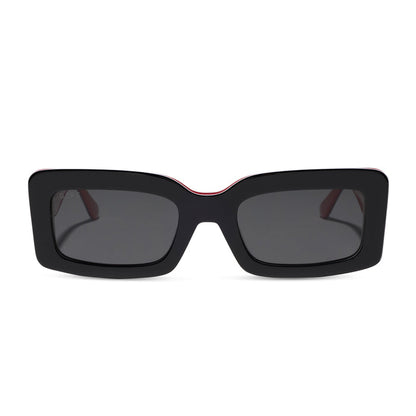 diff eyewear featuring the indy rectangle sunglasses with a black, white & red frame and grey polarized lenses front view