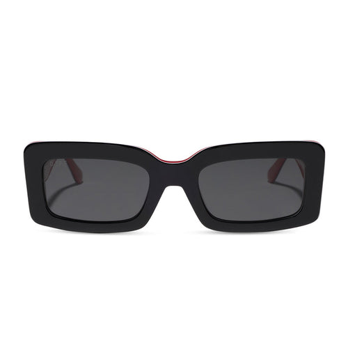 diff eyewear featuring the indy rectangle sunglasses with a black, white & red frame and grey polarized lenses front view