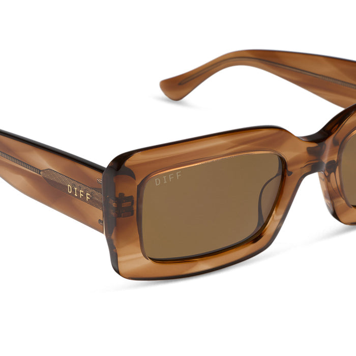 diff eyewear indy low profile square sunglasses with a tortoise acetate frame and brown lenses detailed view
