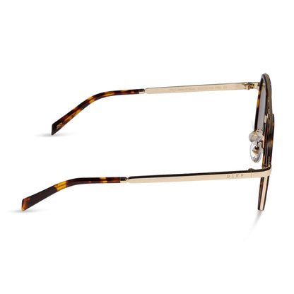 diff eyewear joey round sunglasses with a rich tortoise and gold frame with brown gradient lenses side view