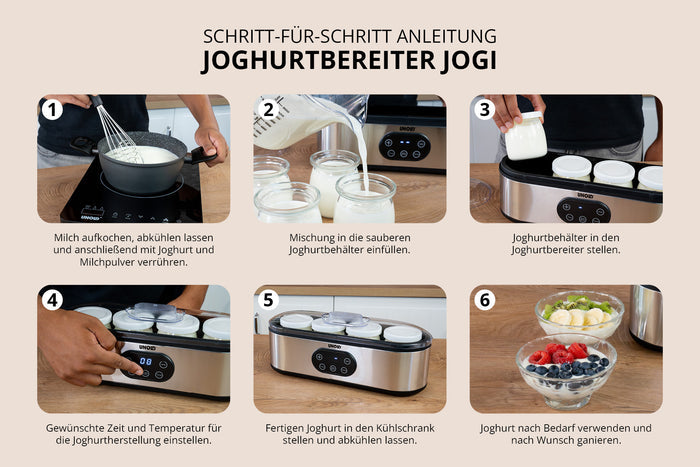 Eine Anleitung in sechs Schritten zur Verwendung des Unold-Joghurtbereiters JOGI, in der gezeigt wird, wie man Milch zubereitet, sie in die Gläser füllt, Zeit und Temperatur einstellt, den Joghurt im Kühlschrank reifen lässt und selbstgemachten Joghurt mit Obst serviert.