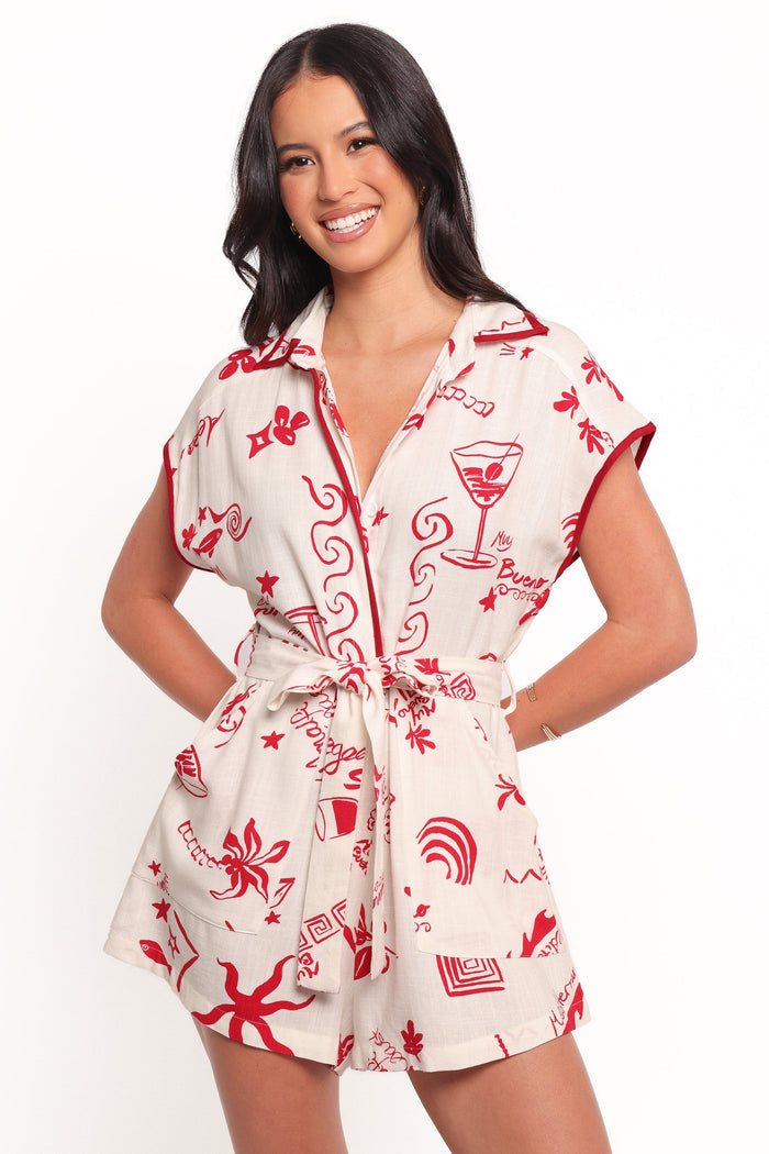 Petal and Pup USA PLAYSUITS Kensie Tie Waist Romper - Red (Hold for Amazon)
