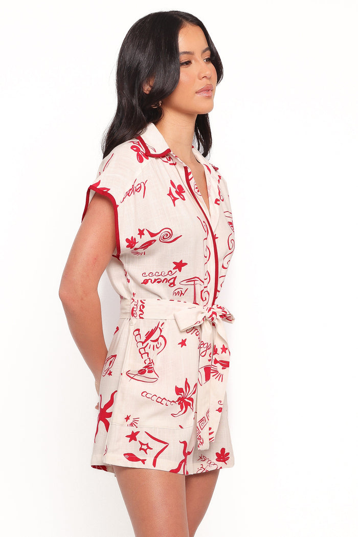 Petal and Pup USA PLAYSUITS Kensie Tie Waist Romper - Red (Hold for Amazon)