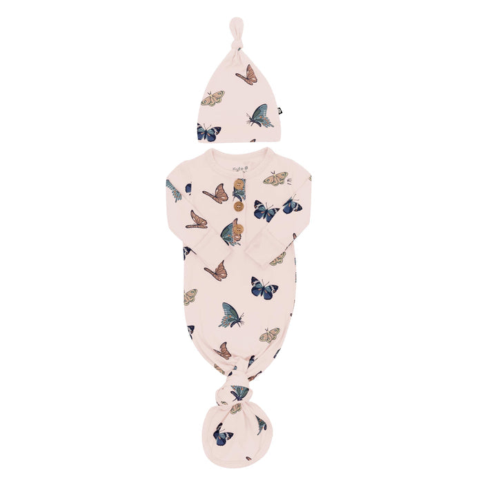 Kyte Baby Knotted Gown with Hat Set Knotted Gown with Hat Set in Blush Butterfly