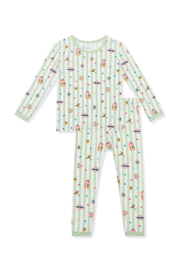 Green and white striped long sleeve pajamas with colorful Harry Potter patterns on a white background