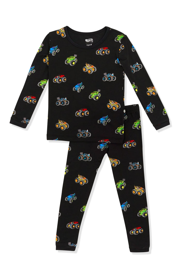Long Sleeve Pajamas in Monster Truck print on white background