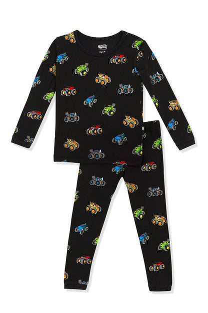 Long Sleeve Pajamas in Monster Truck print on white background
